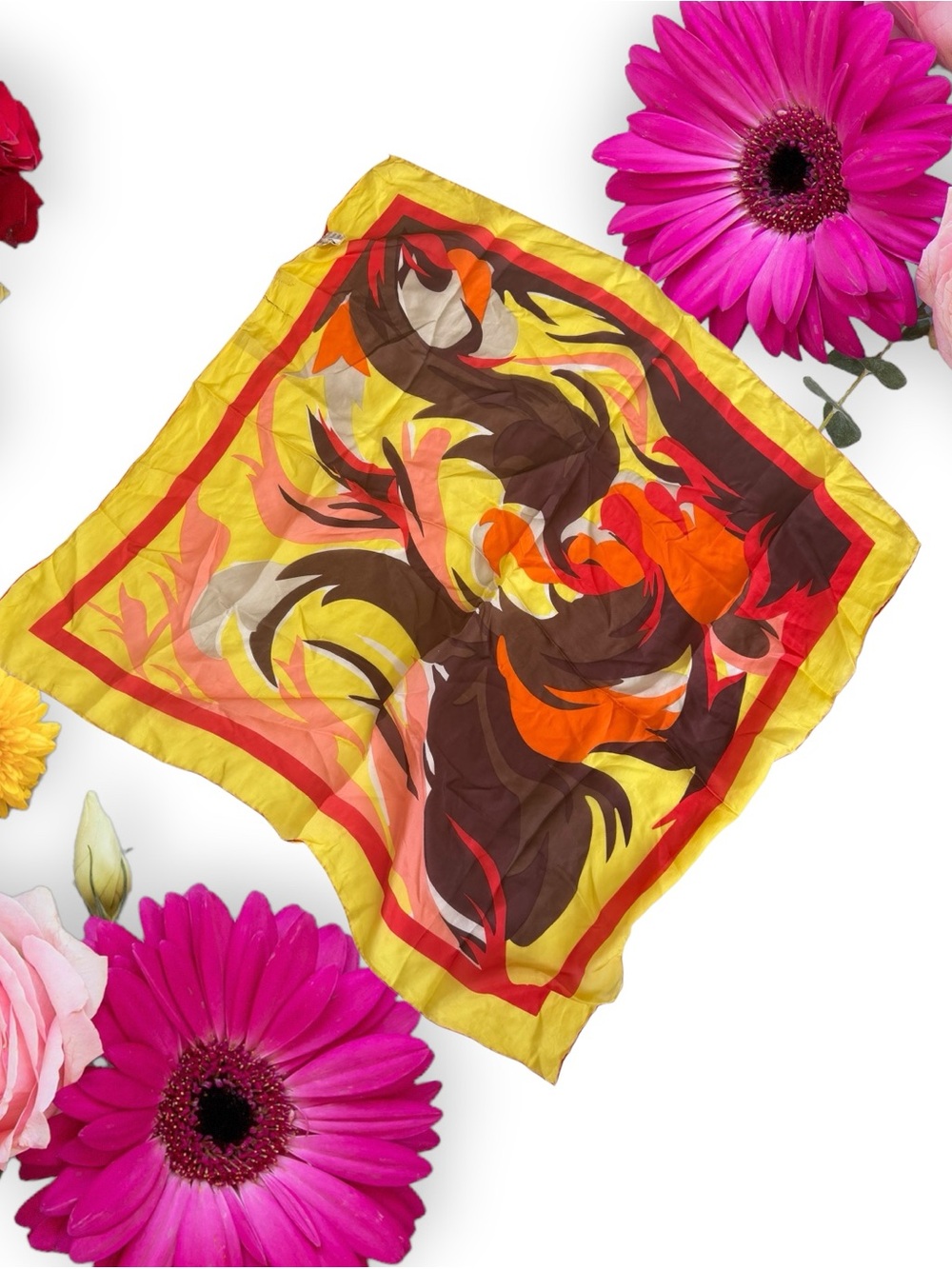 Happiness Vintage Pure Silk Bright Yellow Abstract Print Silk Scarf